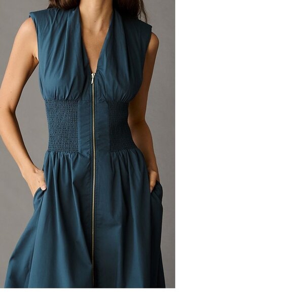 Anthropologie The Tommie Cap-Sleeve Smocked Front-Zip Shirt Dress XS blue new - Picture 3 of 9